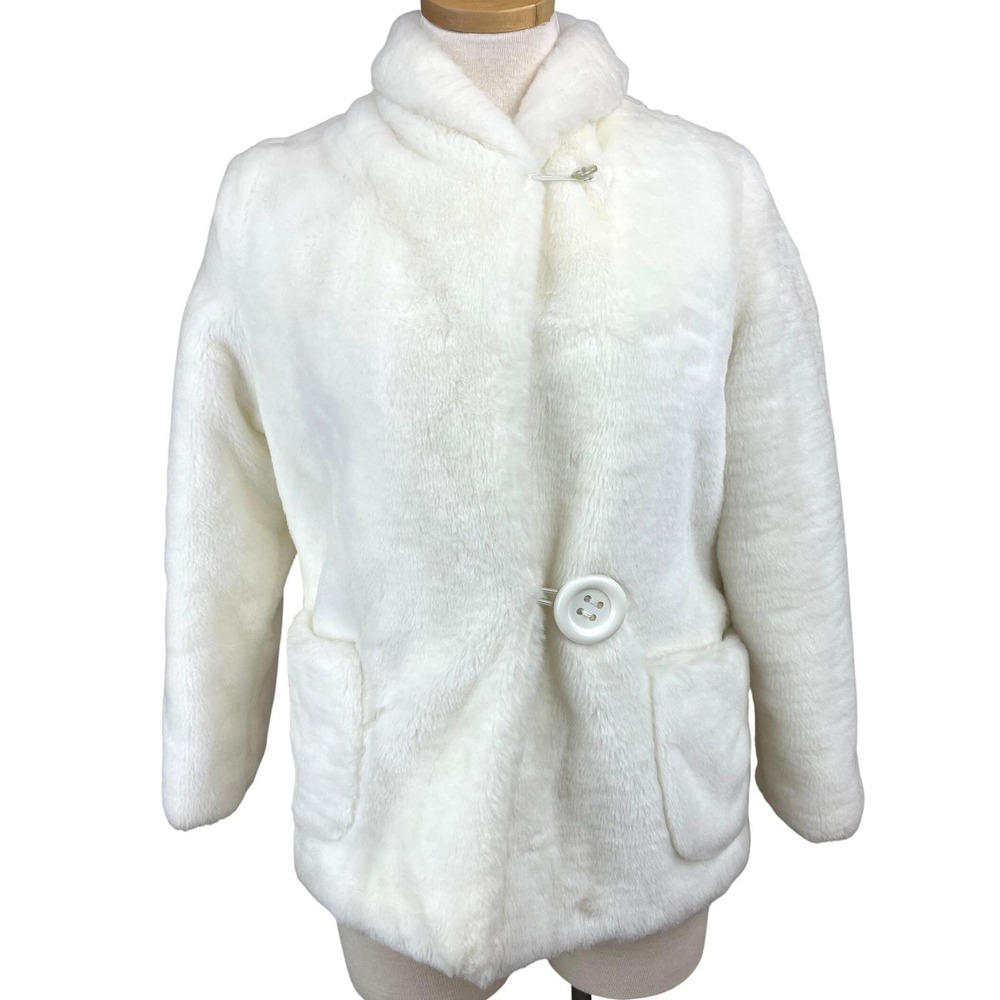 Vintage AMY LEE Faux Fur Jacket Womens (12) Y2K White Button Satin Lined USA